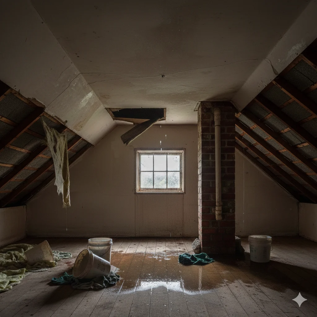Attic interior with severe roof leak, buckets catching water, and ceiling damage.