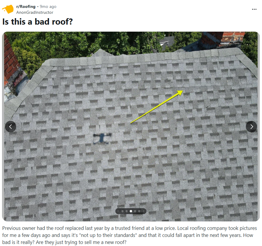 Reddit post shows gray asphalt shingle roof with a yellow arrow pointing to misaligned installation rows.