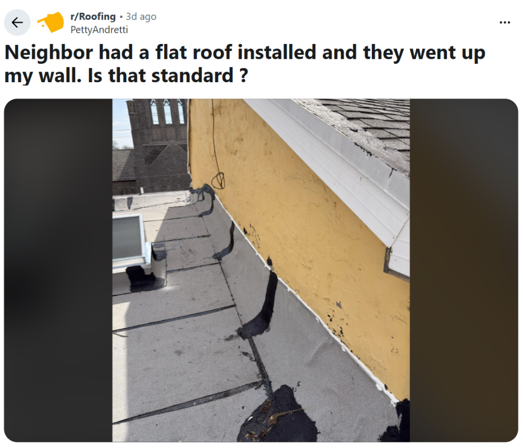 Reedit post shows a flat roof membrane extending up a yellow exterior wall with black sealant.